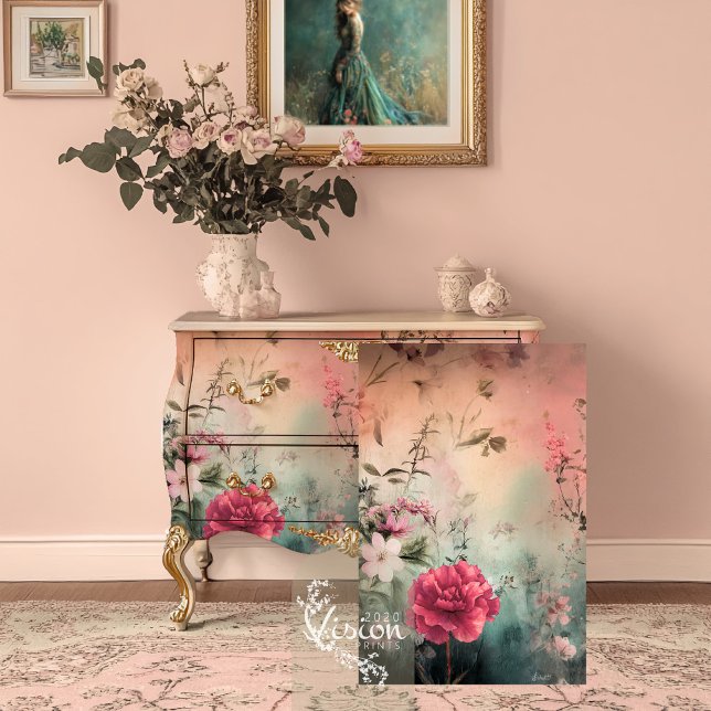 Papel De Seda Floral Etéreo Abstrato ( Ethereal Abstract Floral Art and pink carnation, Decoupage Tissue Paper.)