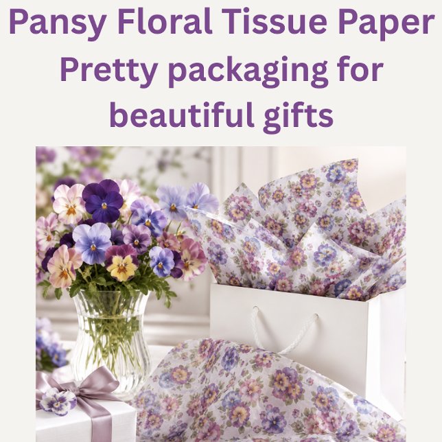 Papel de Seda Floral Festa no Jardim das Pensées (Elegant pansy tissue paper for gift bags, boutique wrapping and beautiful garden party gifts today!)