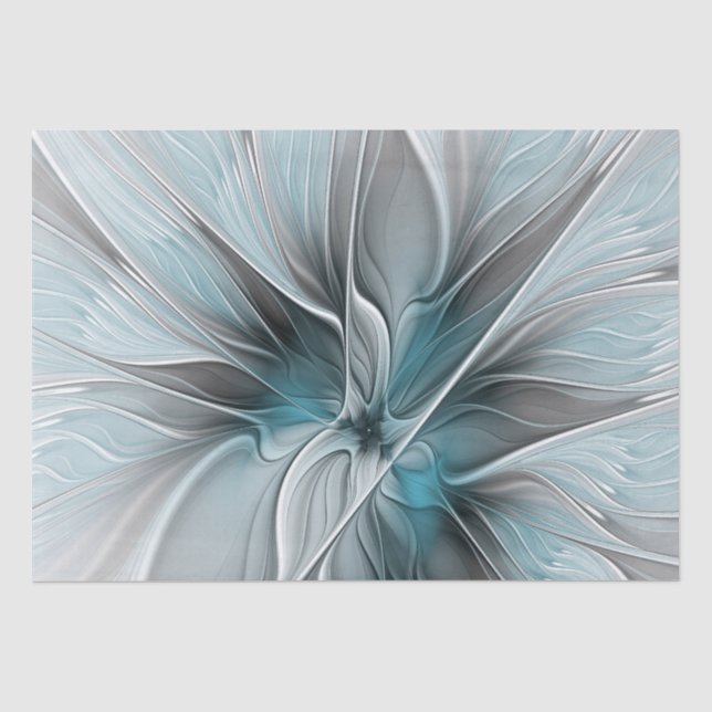 Papel De Seda Floral Fractal Moderno Abstrato Flor Azul Cinza (Frente )