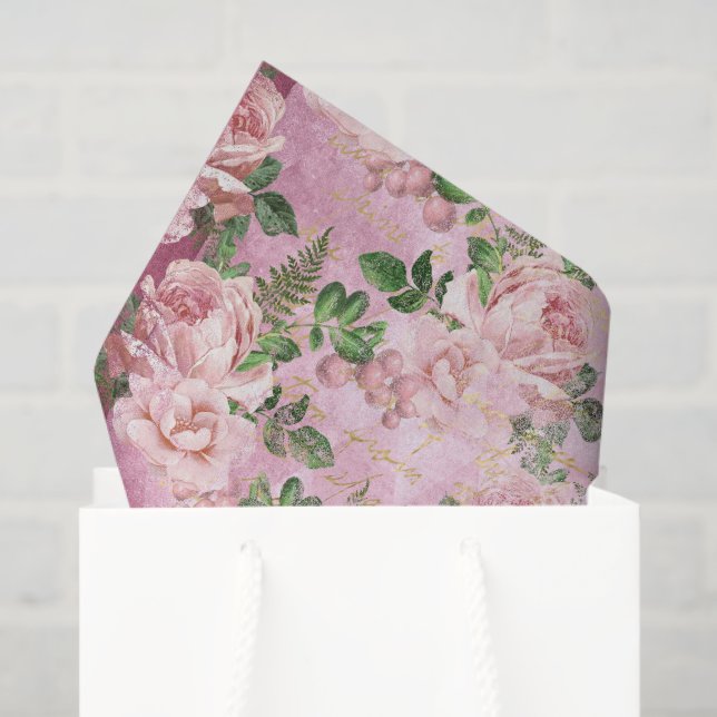 Papel De Seda Floral Francês Rosa Vintage (Sacola de presentes)