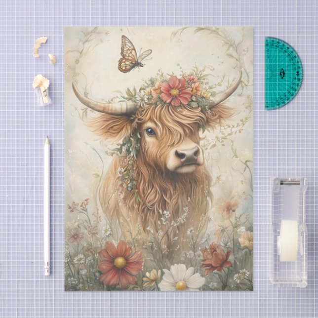 Papel De Seda Floral Highland Cow With Wildflowers Decoupage (Arte )