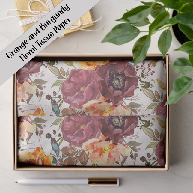 Papel De Seda Floral Laranja Borgonha  (Orange and burgundy watercolor floral gift wrapping tissue paper)