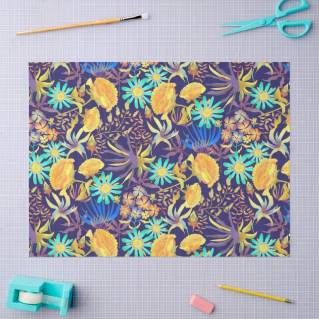 Papel De Seda Floral Místico Florido Navy (Arte )