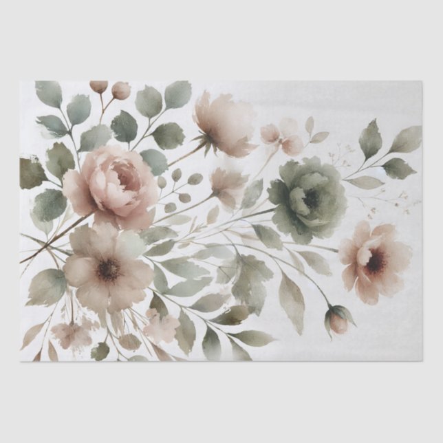 Papel De Seda Floral moderno em aquarela com oliva empoeirada e  (Frente )
