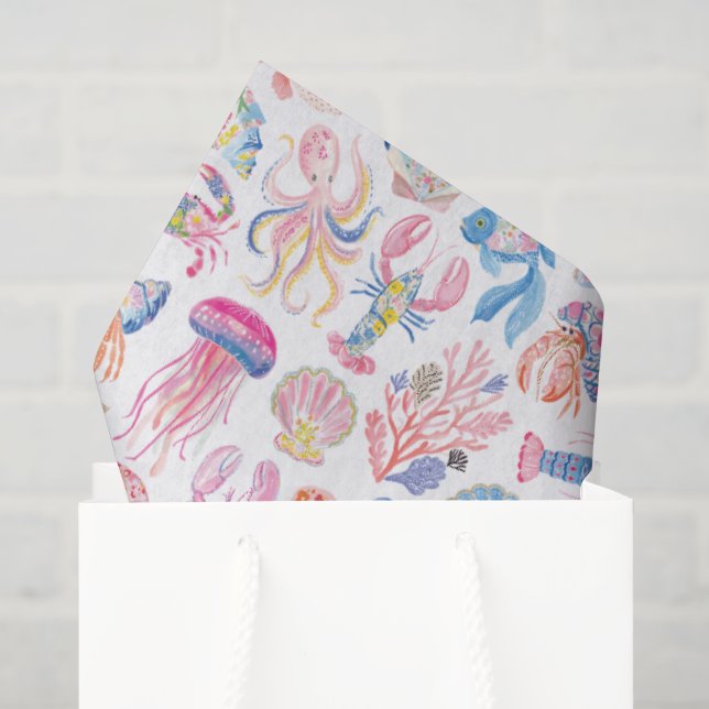 Papel De Seda Floral Oceânico Préppy Vida Marinha (Sacola de presentes)
