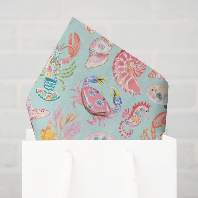 Papel De Seda Floral Oceânico Préppy Vida Marinha (Sacola de presentes)