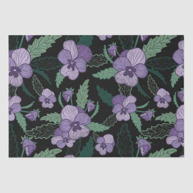 Papel De Seda Floral Pansy com Folhagem em Fundo Escuro (Frente )