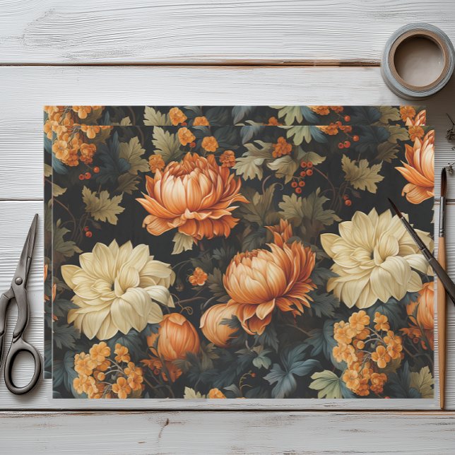 Papel De Seda Floral Preto e Laranja (Elegant Fall Floral Tissue Paper for Wrapping and Decoupage)
