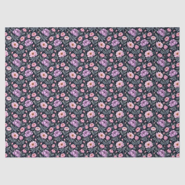 Papel De Seda Floral Púrpura e Rosa Suave (Frente )