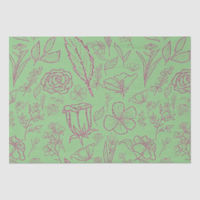 Papel De Seda Floral Rosa Simples em Verde | (Frente )