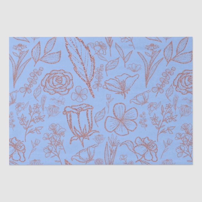 Papel De Seda Floral Rosa Simples no Azul | (Frente )