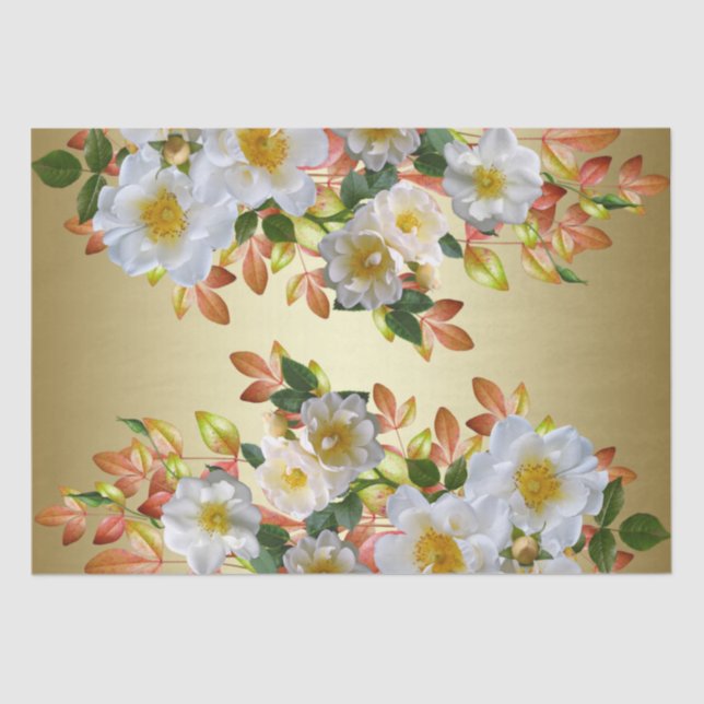Papel de Seda Floral Rosas Brancas Dourado (Frente )