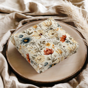 Papel De Seda Floral Seca Vintage Azul Naval Terracota