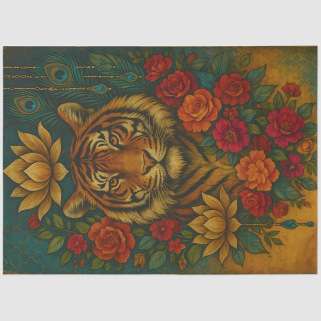 Papel De Seda Floral Tiger Portrait – Botanical Animal Decoupage (Frente )