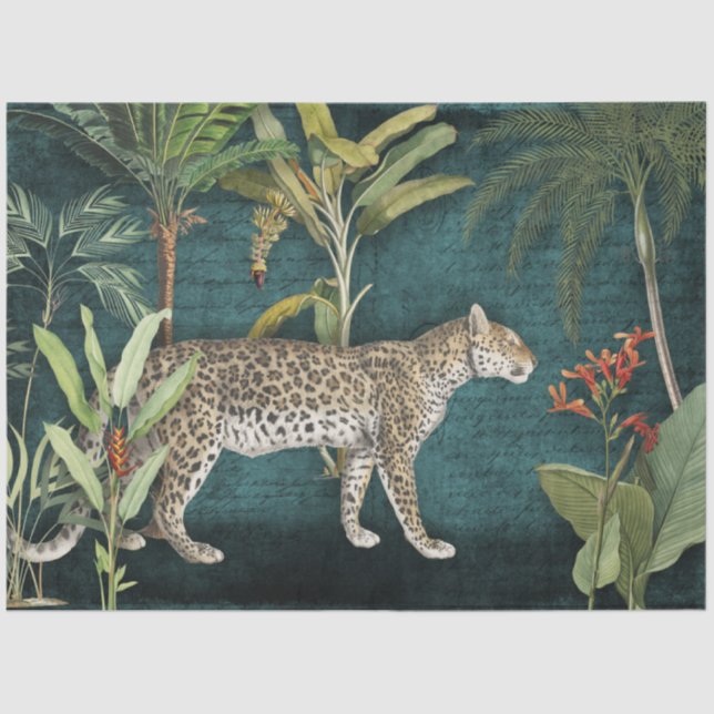Papel De Seda Floral Tropical de Leopard na Decoupage de Teal Fo (Frente )