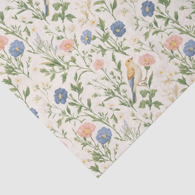 Papel de Seda Floral Vintage com Pássaros (Detalhes)