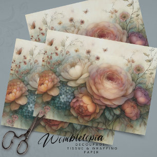 Papel De Seda Floral Vintage em Decoupagem Sonhadora Rosa e Azul