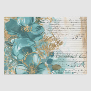 Papel De Seda Floral Vintage Inspirado Distressed em Verde Azul