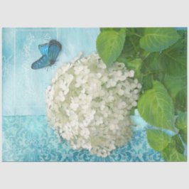 Papel De Seda Floral White Hydrangea Blue Butterfly Vintage Art