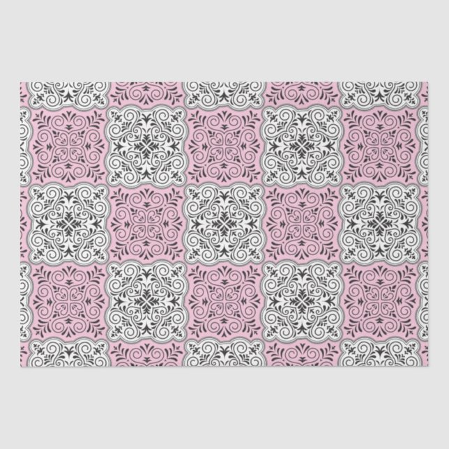 Papel De Seda Floreio de Padrão Rococó Rosa (Frente )