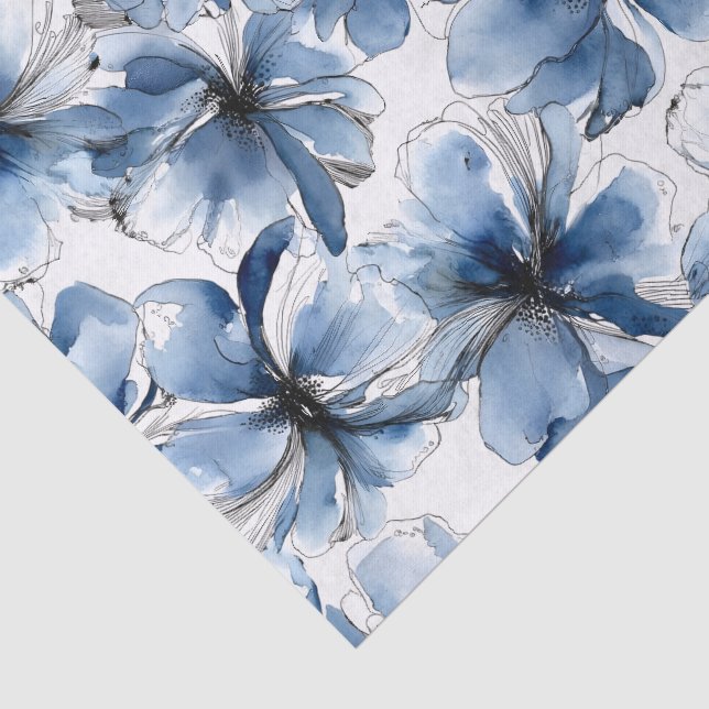 Papel De Seda Flores Abstratas em Aquarela Azul e Branco (Detalhes)