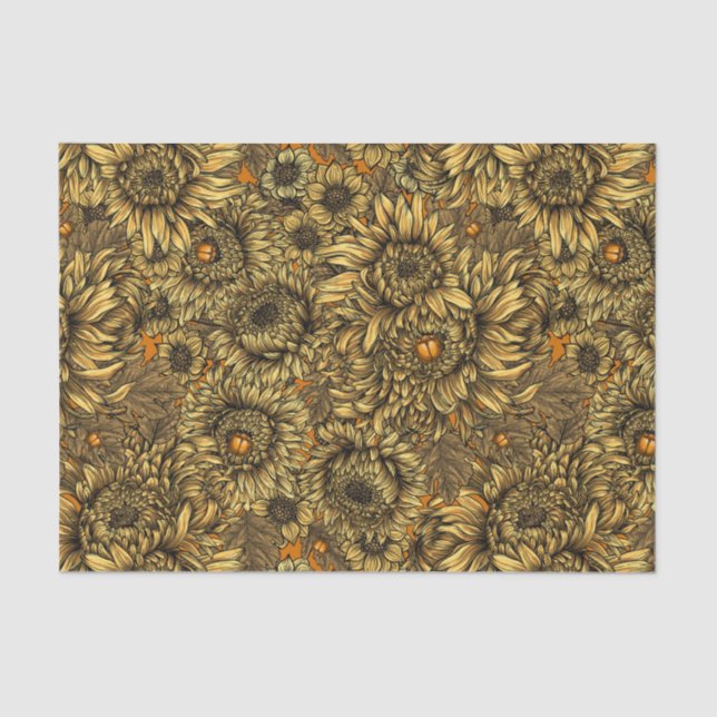 Papel De Seda Flores amarelas do crisântemo e besouros alaranjad (Frente )