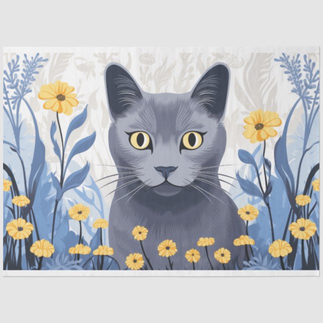 Papel De Seda Flores Amarelas do Gato Azul Russo (Frente )
