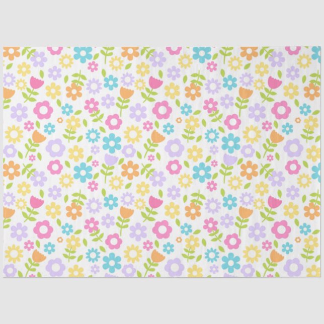 Papel De Seda Flores Amarelas, Roxas, Azuis e Rosas em Branco (Frente )