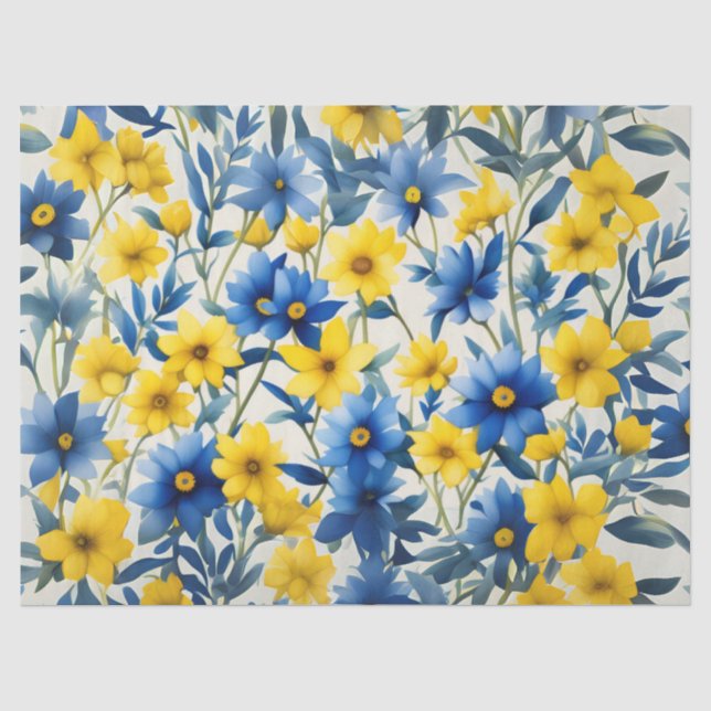 Papel De Seda Flores Azuis, Amarelas e Brancas Country (Frente )