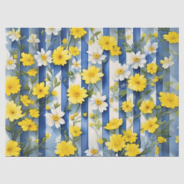 Papel De Seda Flores azuis, brancas e amarelas do Country Farmho