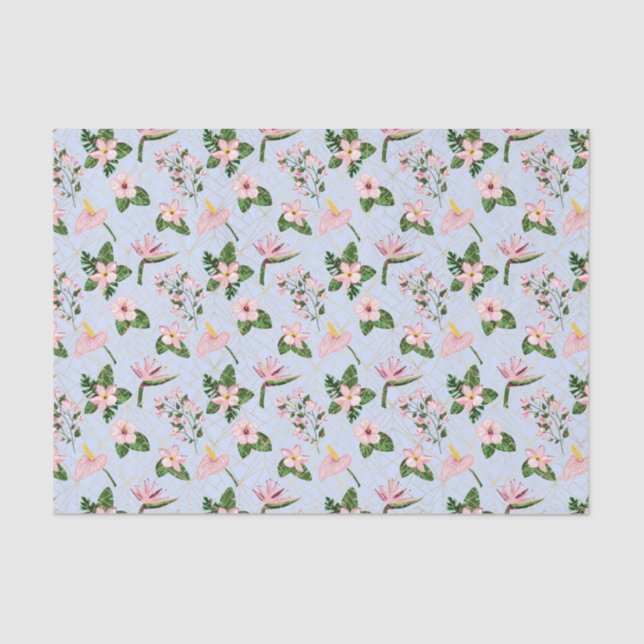 Papel De Seda Flores azuis-claras e cor-de-rosa (Frente )