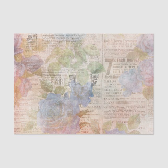 Papel De Seda Flores Azuis e Ephemera de Newsprint (Frente )