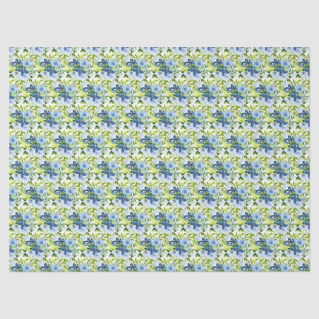 Papel De Seda Flores Azuis e Navy com Folhagem  (Frente )