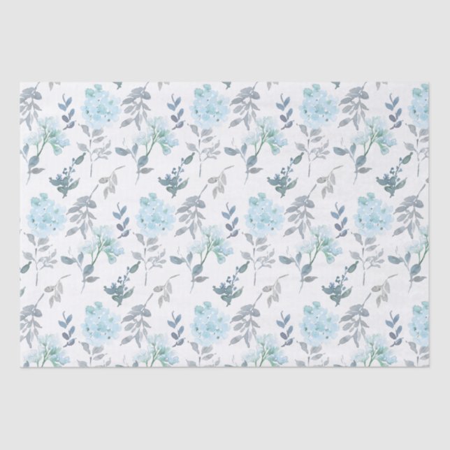 Papel De Seda Flores Azuis e Prateadas em Aquarela (Frente )