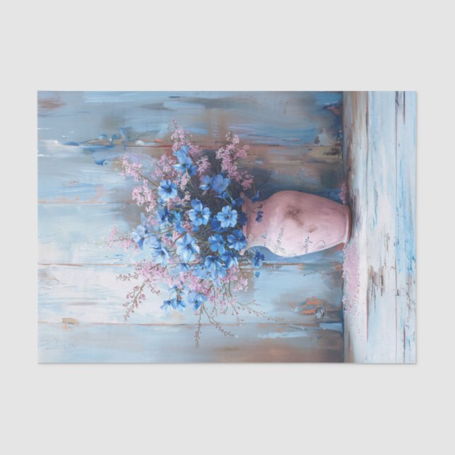 Papel De Seda Flores Azuis em uma Desanexação Rosa do Shabby (Frente )