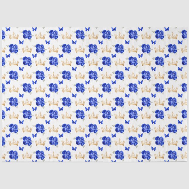 Papel De Seda Flores Azul Real e Coroas Douradas (Frente )
