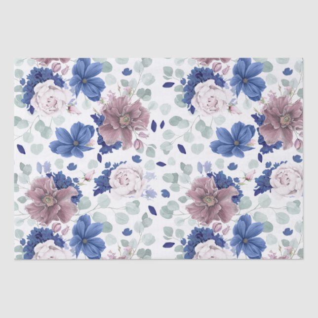 Papel De Seda Flores Botânicos Elegantes Rosa Violeta e Azul Mar (Frente )