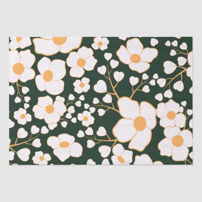 Papel De Seda Flores Brancas Centralizadas Amarelas e Fundo Verd (Frente )