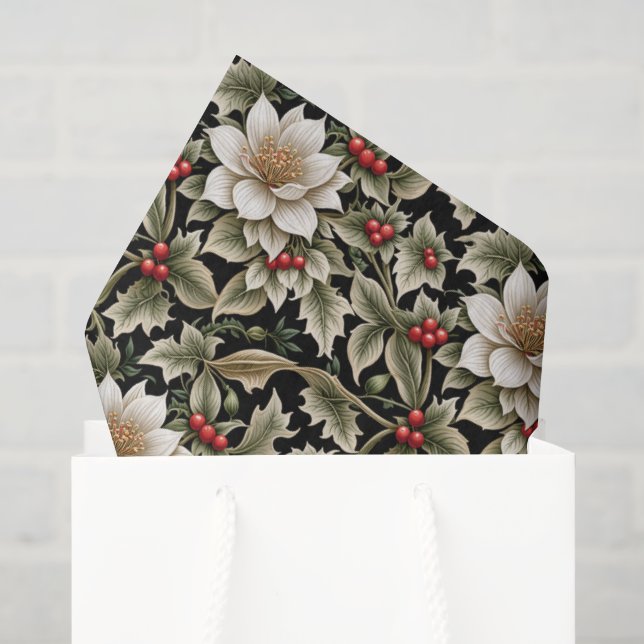 Papel De Seda Flores Brancas com Azevinho e Bagas Vermelhas (Sacola de presentes)