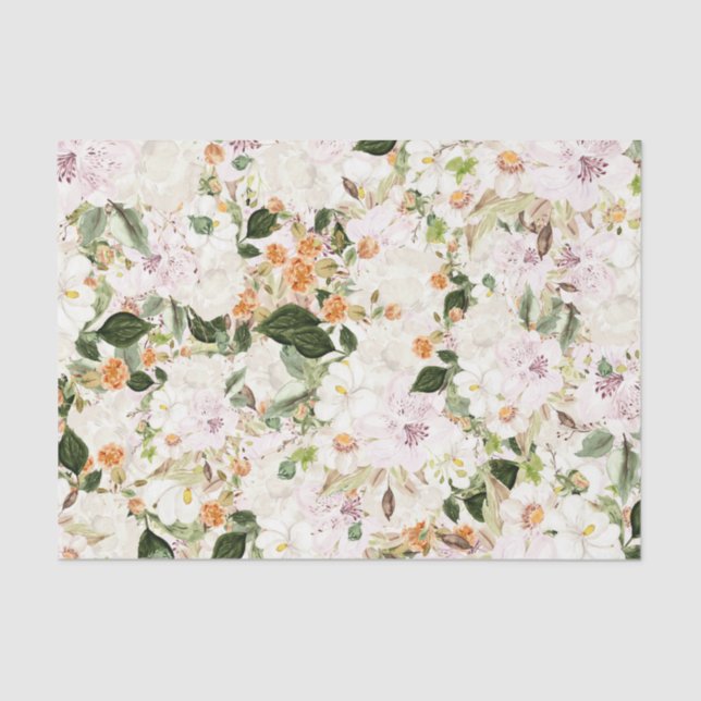 Papel De Seda Flores brancas com folhas verdes (Frente )
