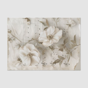 Papel De Seda Flores brancas, cor-de-rosa, folha de música antig