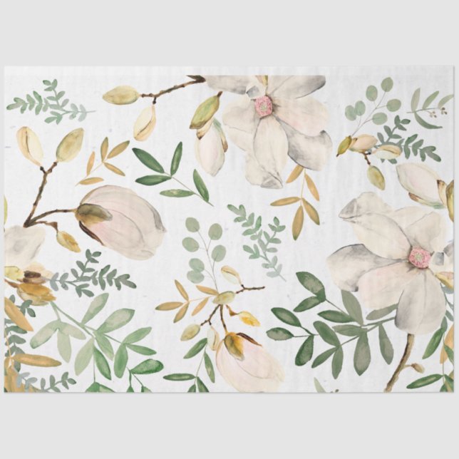 Papel De Seda Flores Brancas de Magnolia Flores Douradas (Frente )