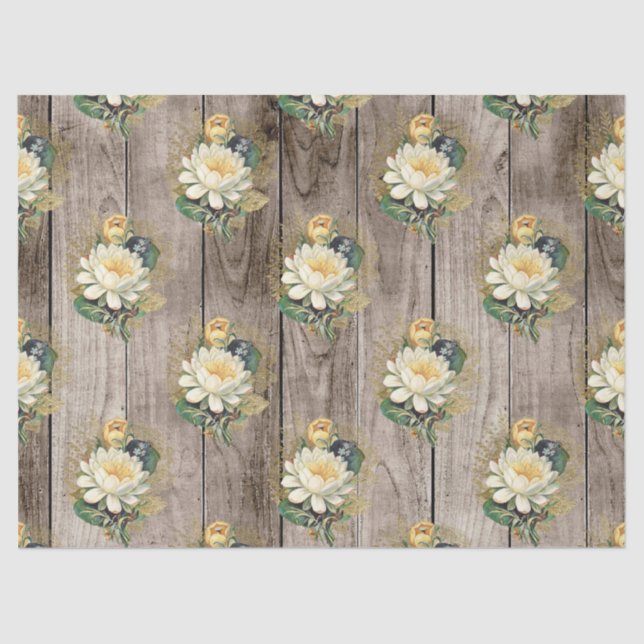 Papel De Seda Flores brancas e amarelas na decoupage da madeira  (Frente )