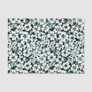 Papel De Seda Flores brancas e turquesas a preto.