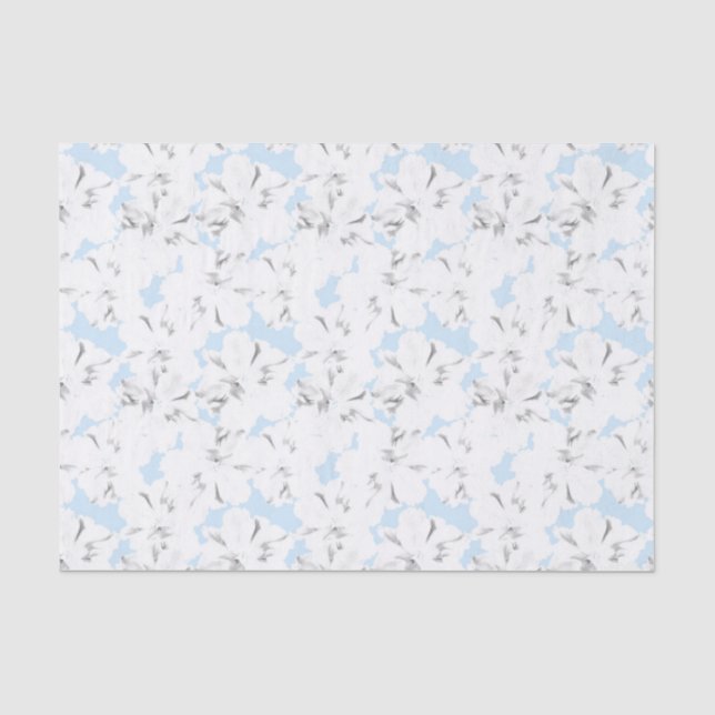 Papel De Seda Flores brancas em azul claro. (Frente )