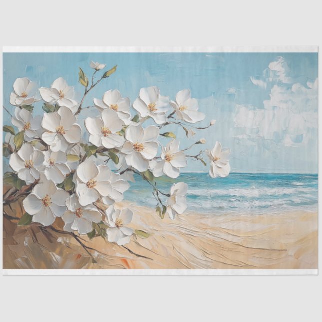 Papel De Seda Flores Brancas na Pintura de Óleo de Praia (Frente )