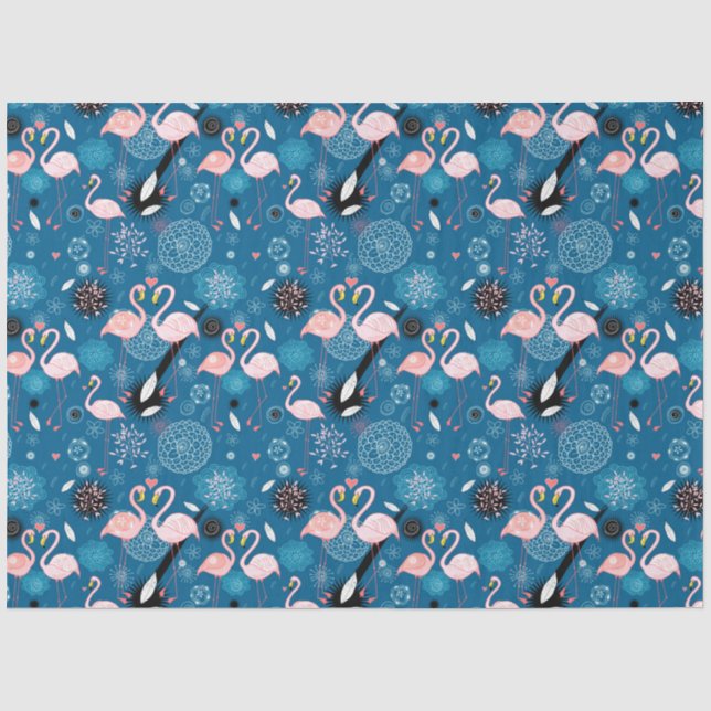 Papel De Seda Flores brancas padrão flamingos (Frente )