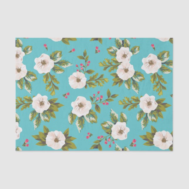 Papel De Seda Flores brancas que pintam no fundo de turquesa (Frente )