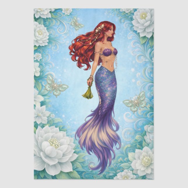 Papel De Seda Flores Brancas Sereia & Borboletas Decoupage  (Frente )