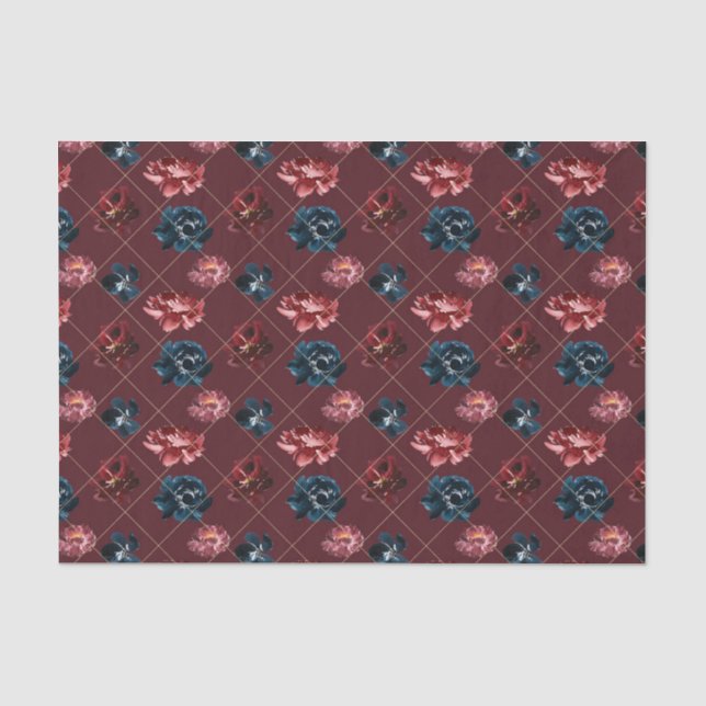 Papel De Seda Flores Burgundy e Azuis (Design 2 Série Vermelha) (Frente )
